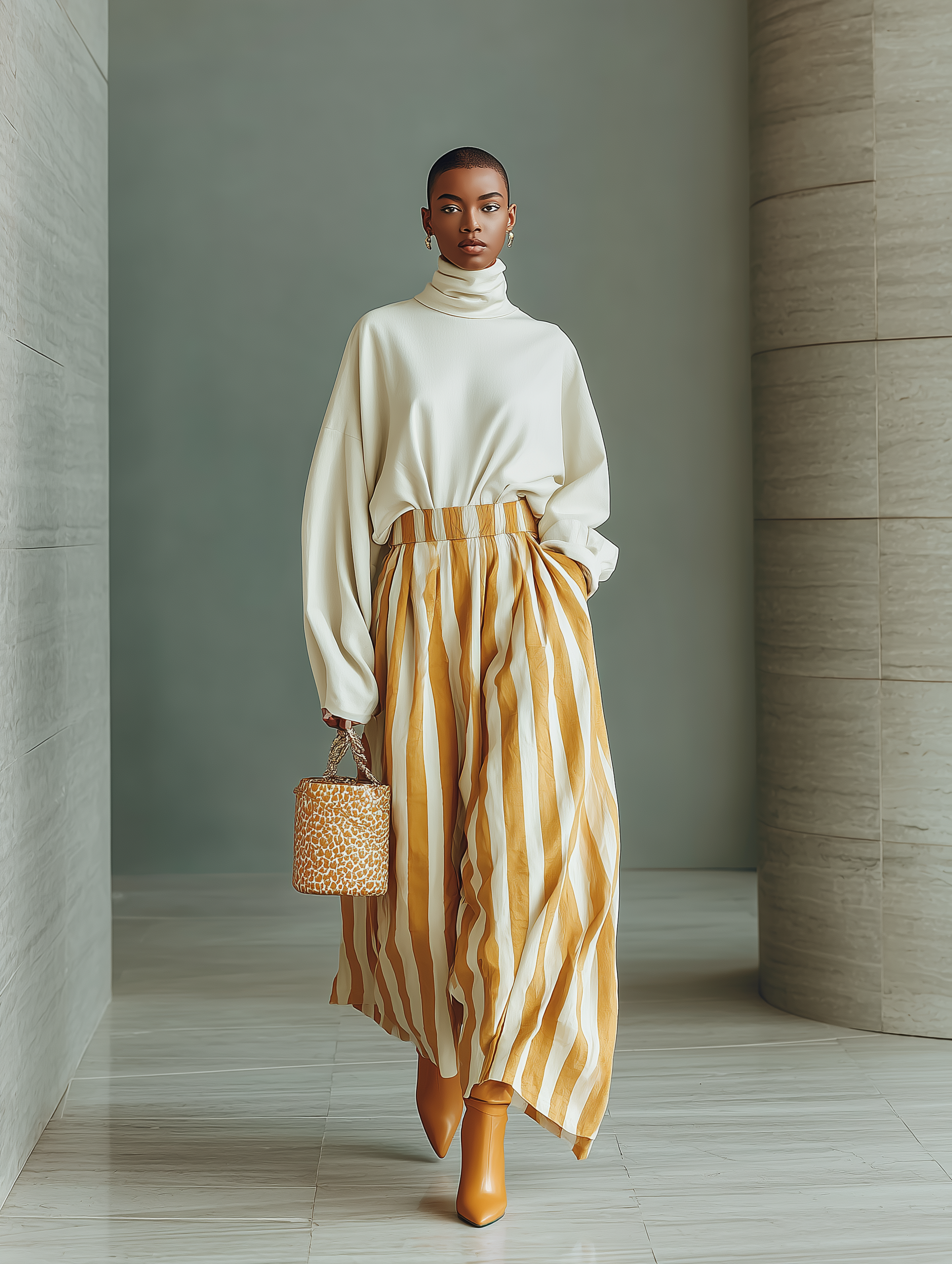 Women's White Cotton Blend Top And Ginger Striped Wide-Leg Pants Set MDA1844I1T