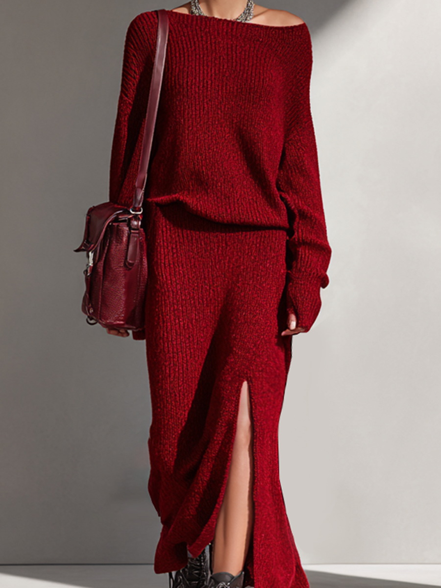Women's Burgundy Knit Off-Shoulder Top And Slit Dress MDA1046L9AP