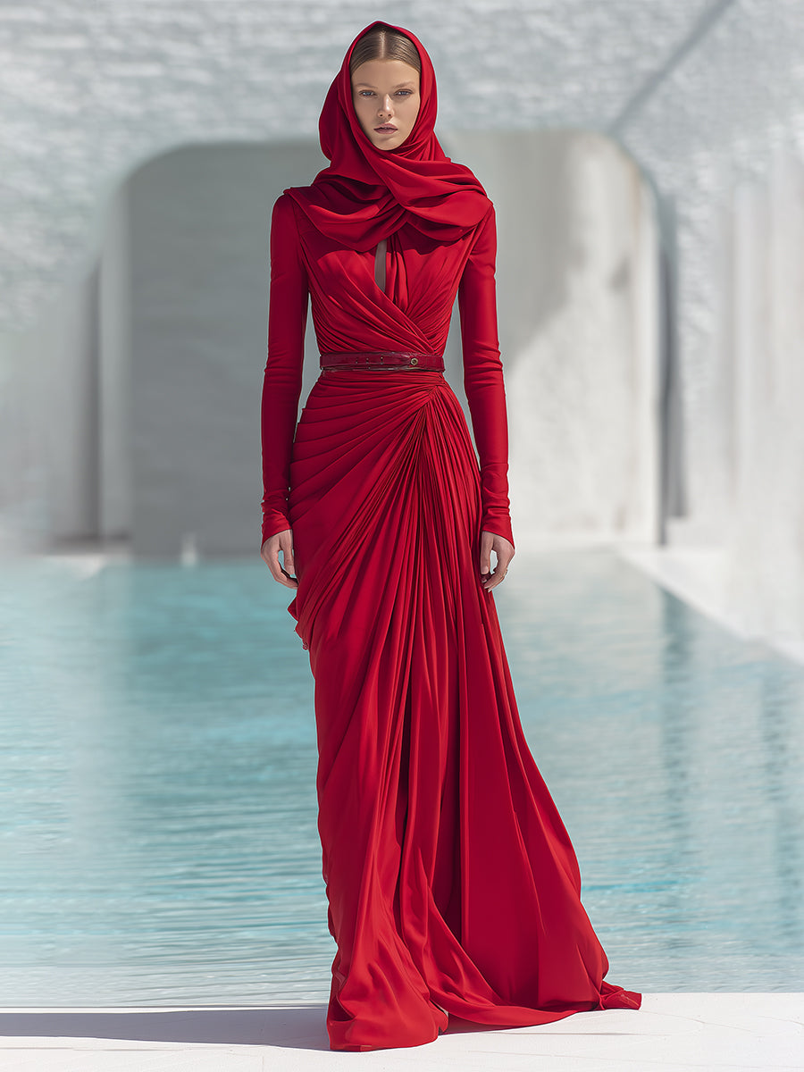Women's Red Flowy Polyester Blend Maxi Dress With Intricate Draping & Long Sleeves, Sophisticated Formal Dresss MDA2465J8I
