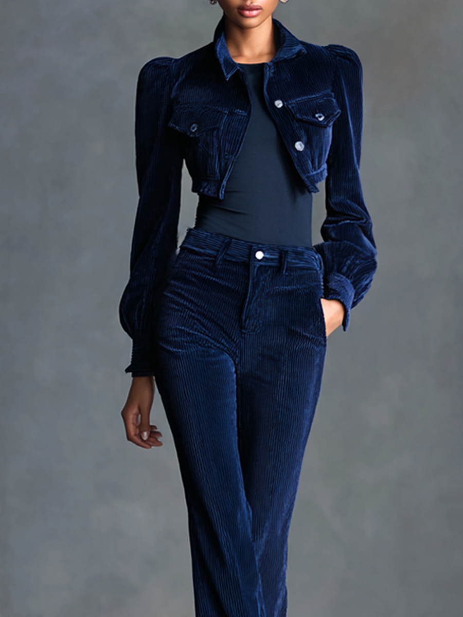 Women's Navy Blue Corduroy Short Jacket And Flared Pants Set MDA1065L2AP