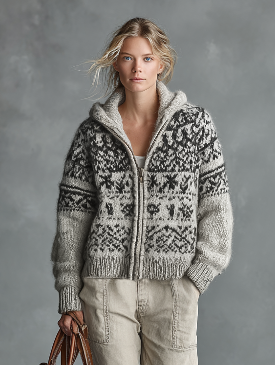 Women's Fair Isle Jacquard Knit Zip-Up Hooded Cardigan MDA2494I9Y