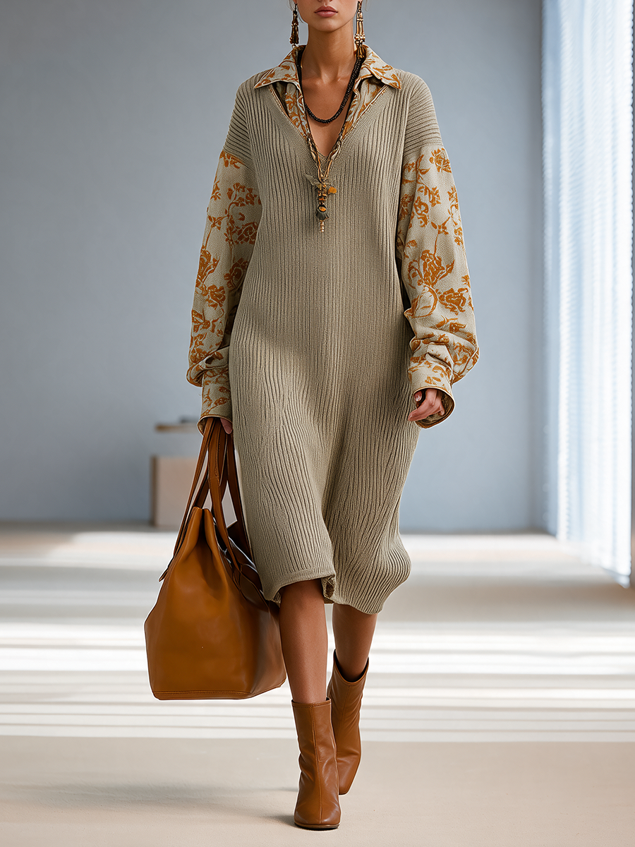 Women's Collared Floral-Panel Drop-Shoulder Balloon-Sleeve Relaxed Knit Midi Dress MDZ2602H8CMX