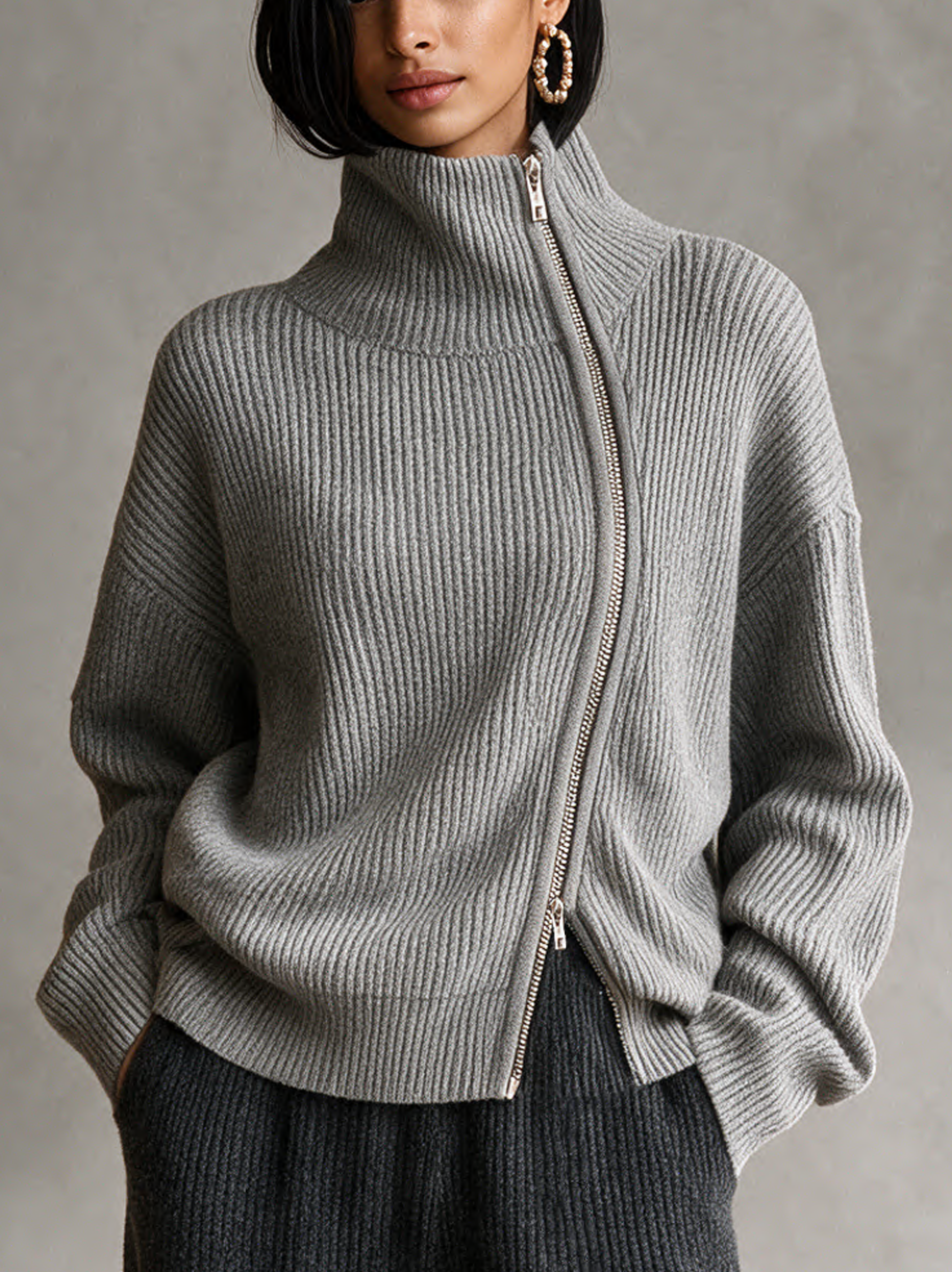 Women's Grey Diagonal‑Zip Funnel Neck Knit Sweater MDZ0365I7R