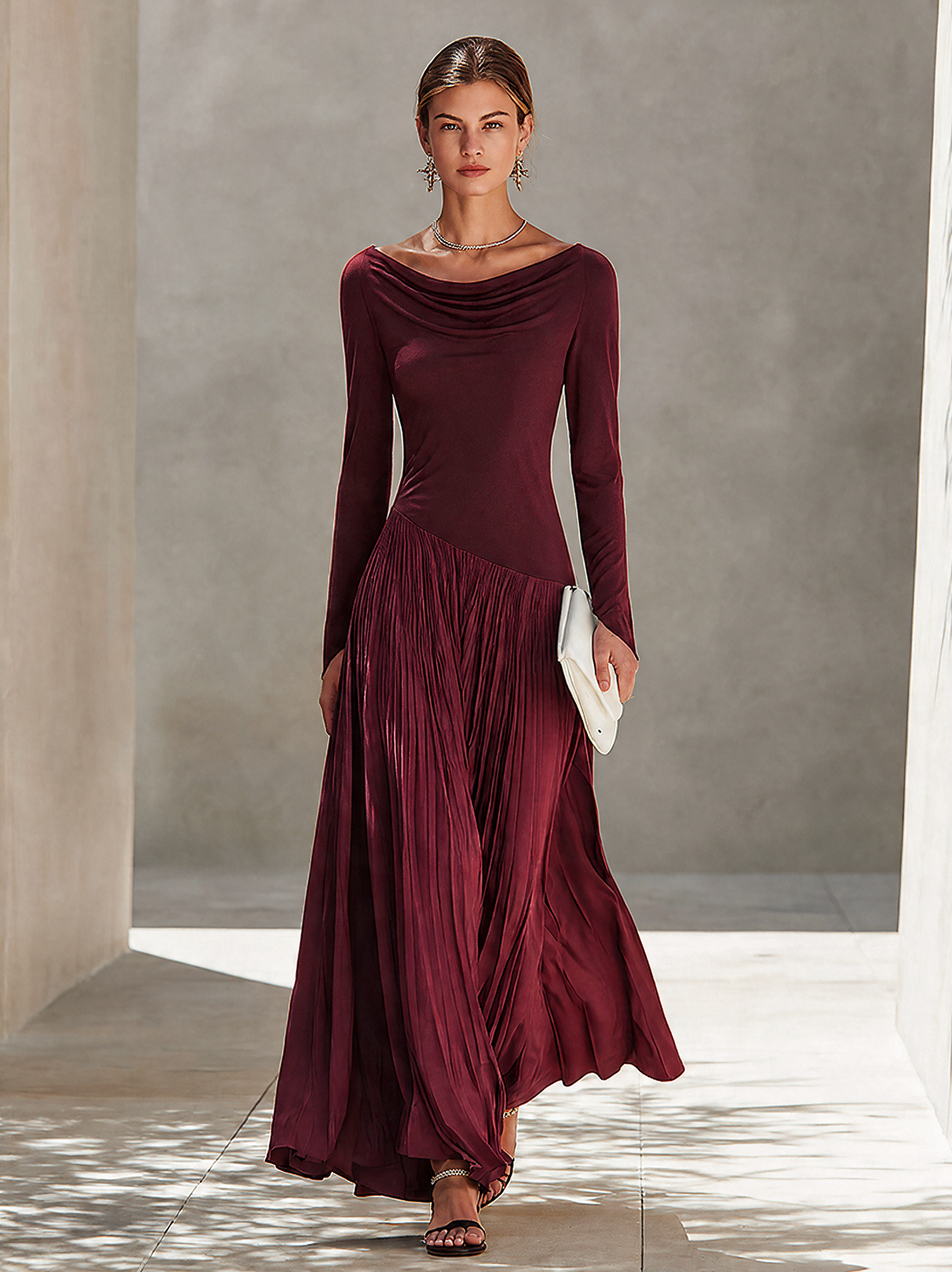 Women's Minimalist Two-Tone Color-Block Maxi Dress With Drape Neckline  MDZ0907G9ZRK