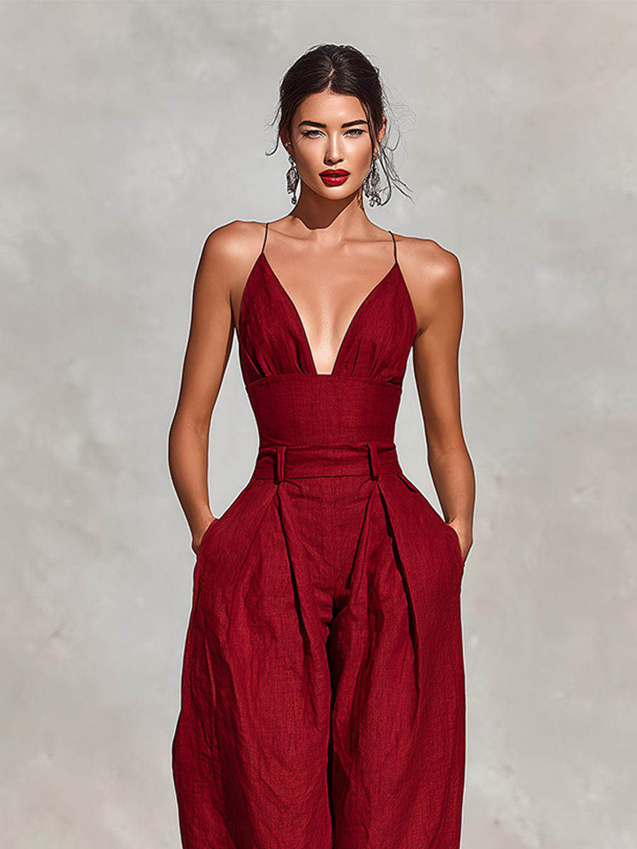 Women's Red Linen Jumpsuit With Spaghetti Straps & High-Waisted Pleated Pants, Timeless Romantic-Elegant Style Jumpsuit MDZ1915C8I