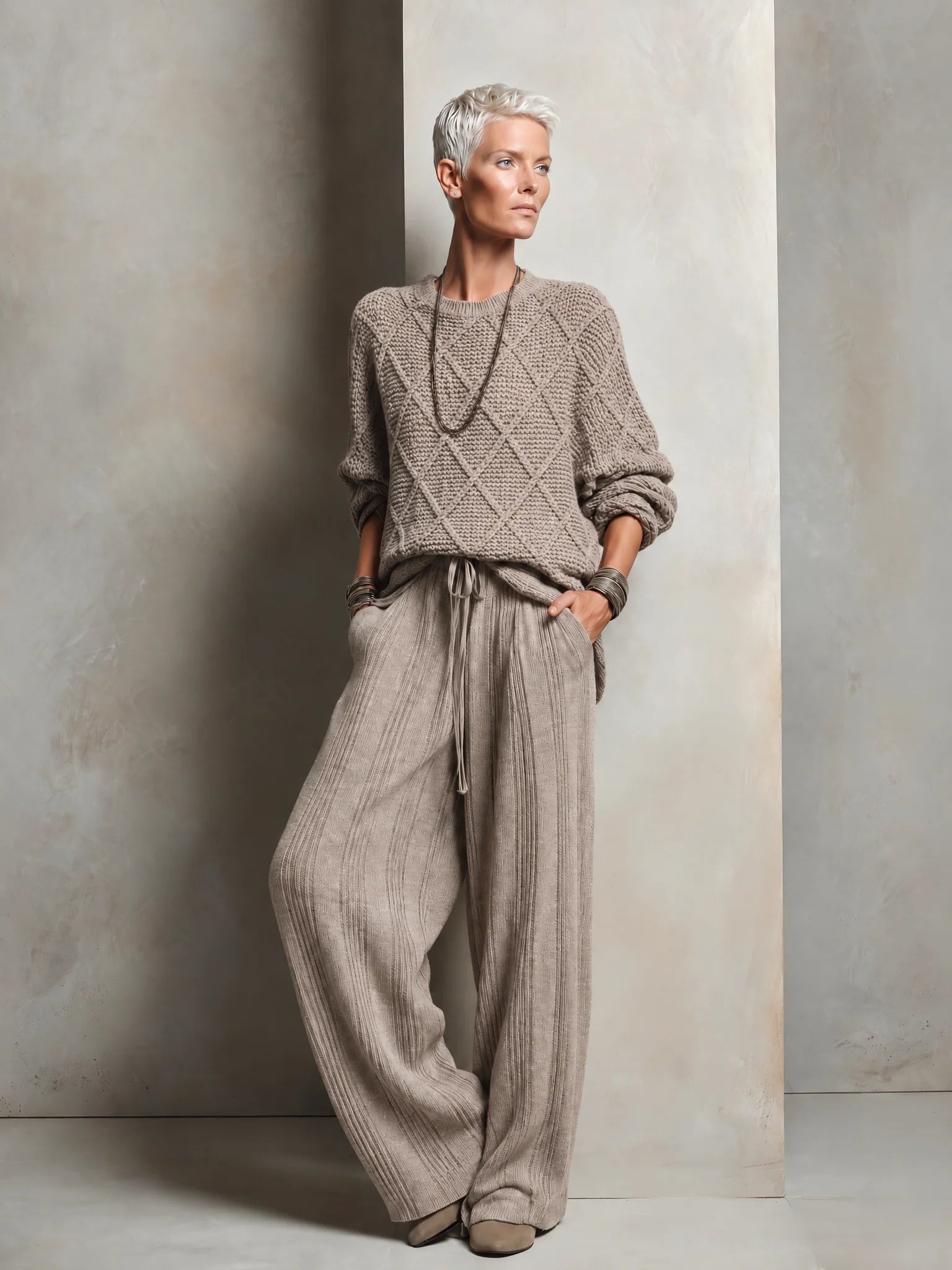 Women's Retro Ribbed-Panel Knit Wide-Leg Pants
