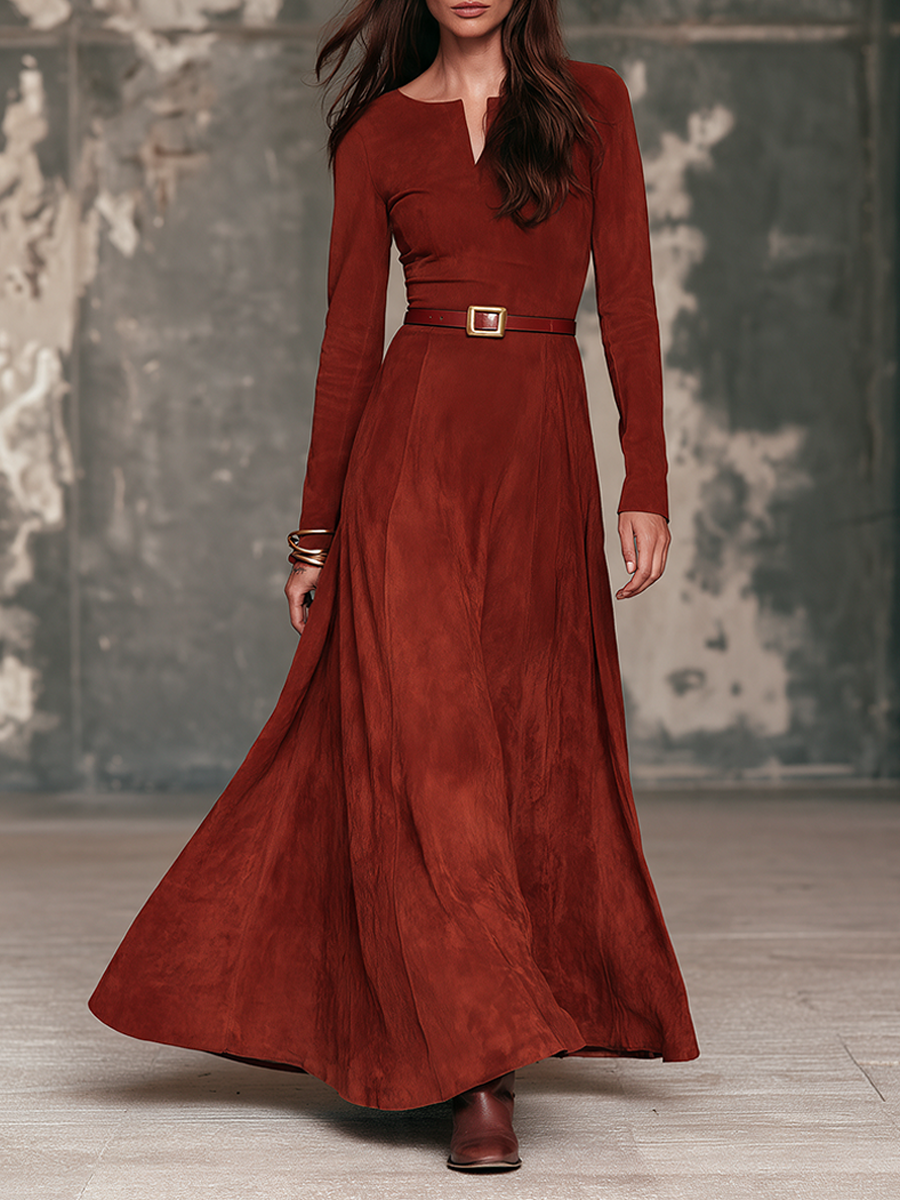 Women's Long-Sleeve Suede Maxi Dress With V-Neck
