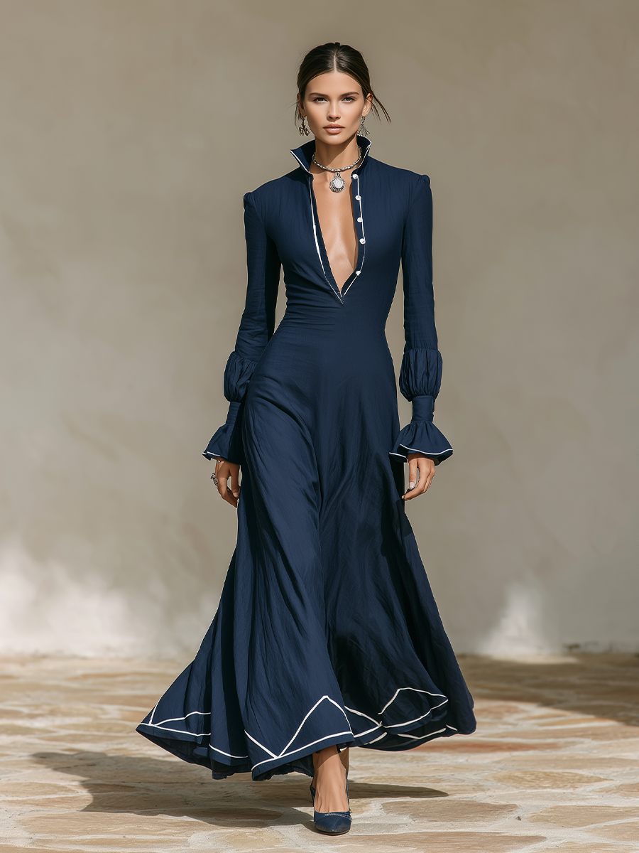Women's Vacation Contrast Trim Flare Sleeve Maxi Dress MDZ1094H9LYL