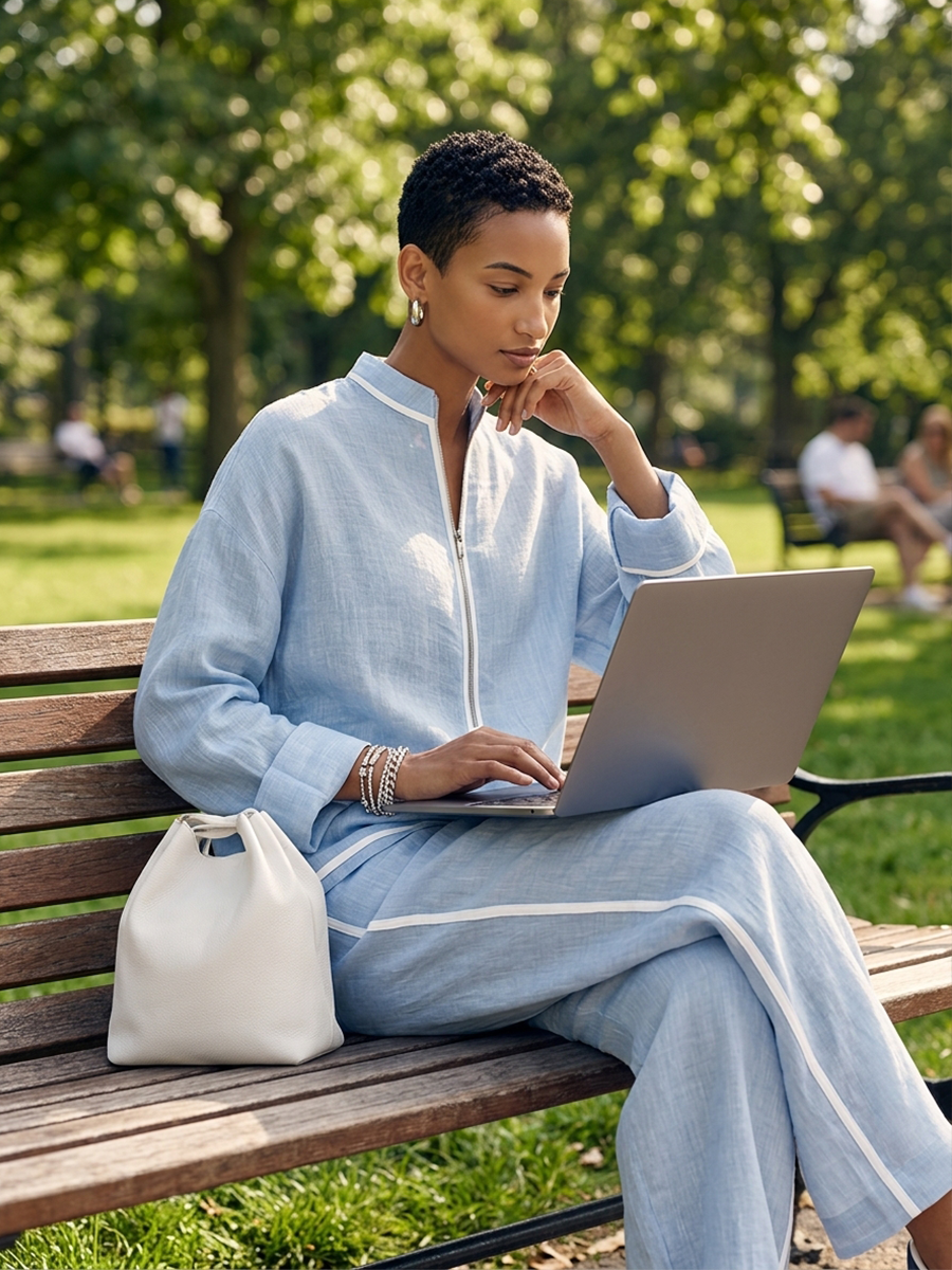 Women's Light‑Blue Linen Fabric Stand‑Collar Half‑Zip Oversized