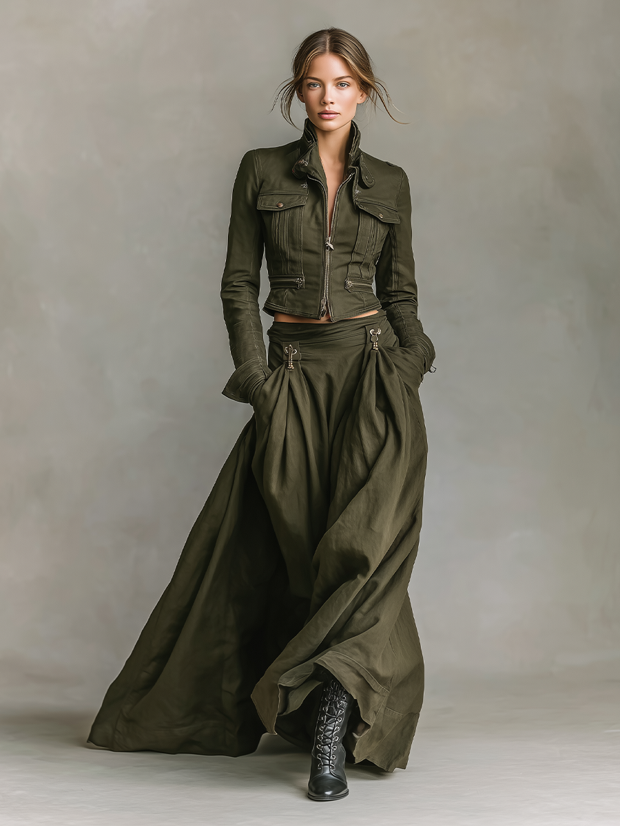 Women's Green Edgy 100% Cotton Zip - Front Cropped Jacket And Maxi Skirt Set MDA1819I7I