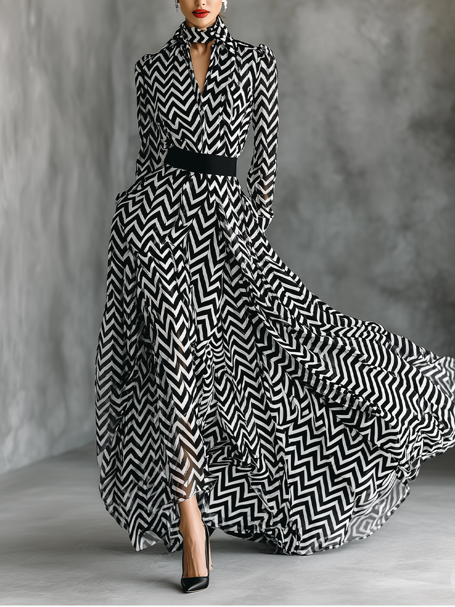 Women's Black And White Herringbone Chiffon Tie-Up Maxi Dress MDA2542G5T