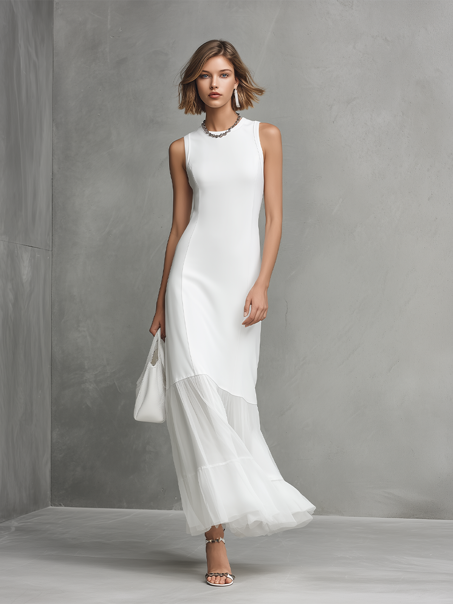 Elegant Women's White Sleeveless Dress With Milk Silk And Chiffon Paneling  MDZ2310A6BA