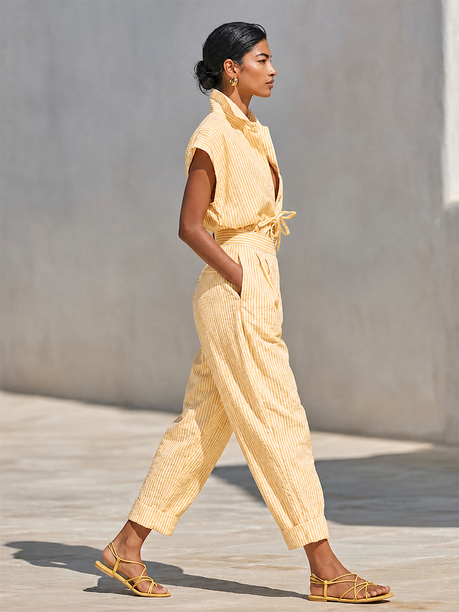 Women's Lemon Vertical Stripe Textured Co-Ord With Front Button Blouse & Side Pocket Tapered Trousers, Effortless-Chic Beach Casual Outfit MDZ2203F4LYL