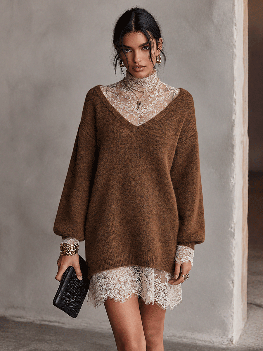 Women's Lace Trim Elegant Knit Mini Dress MDZ1111H8GMJ