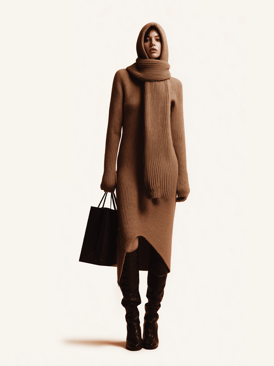 Women's Camel Rib-Knit Fashion-Forward Asymmetric Hem Scarf-Detailed Dress MDA3199J5I