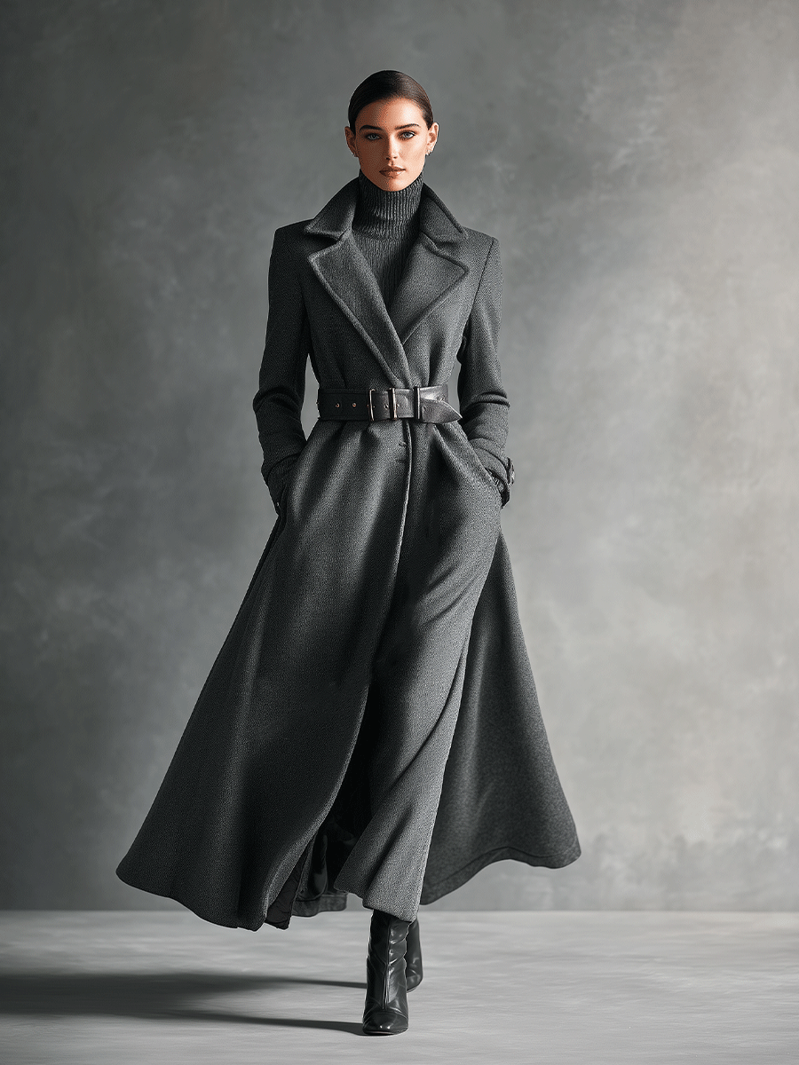 Women's Grey Elegant Wool Blend Peaked Lapel Tie-Drawn Maxi Coat MDA0377I5I