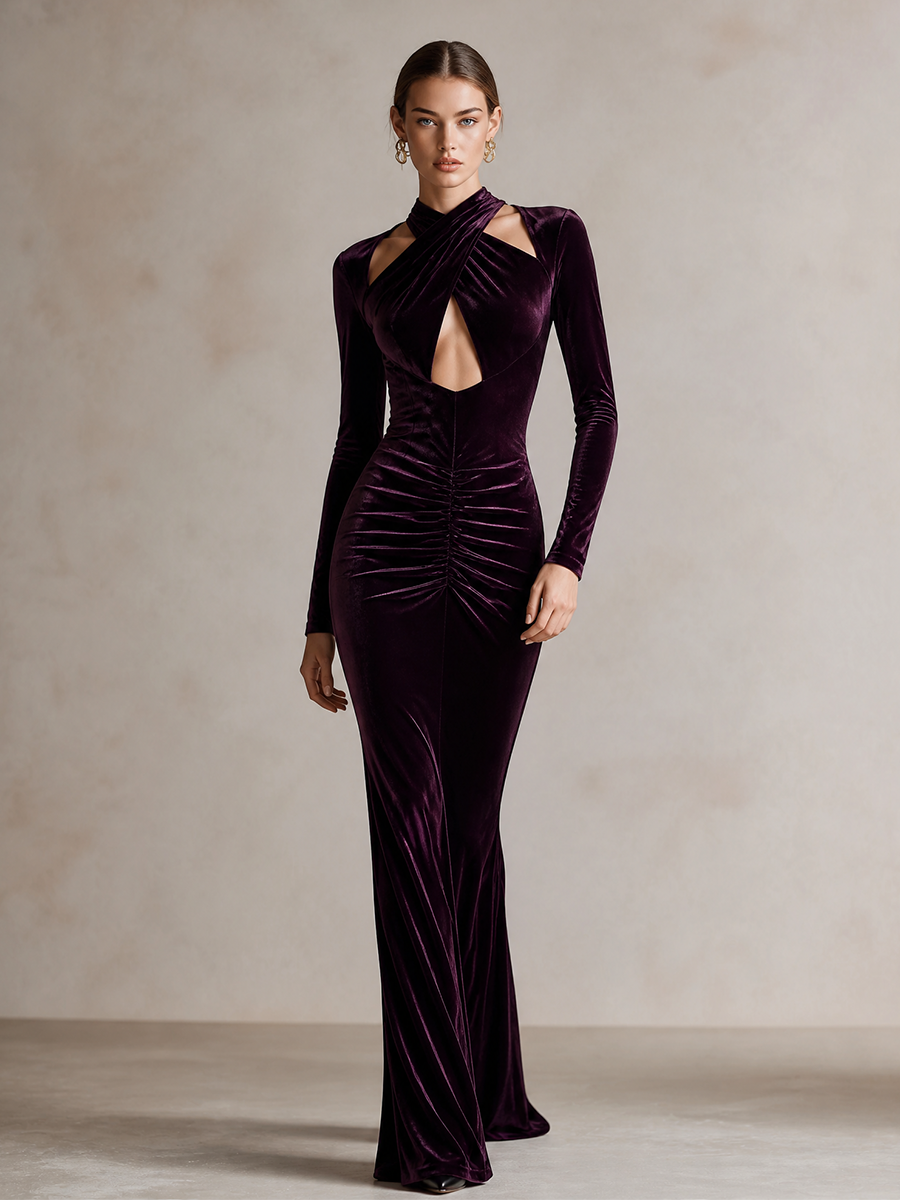 Women's Cutout Velvet Long Sleeve Maxi Evening Dress