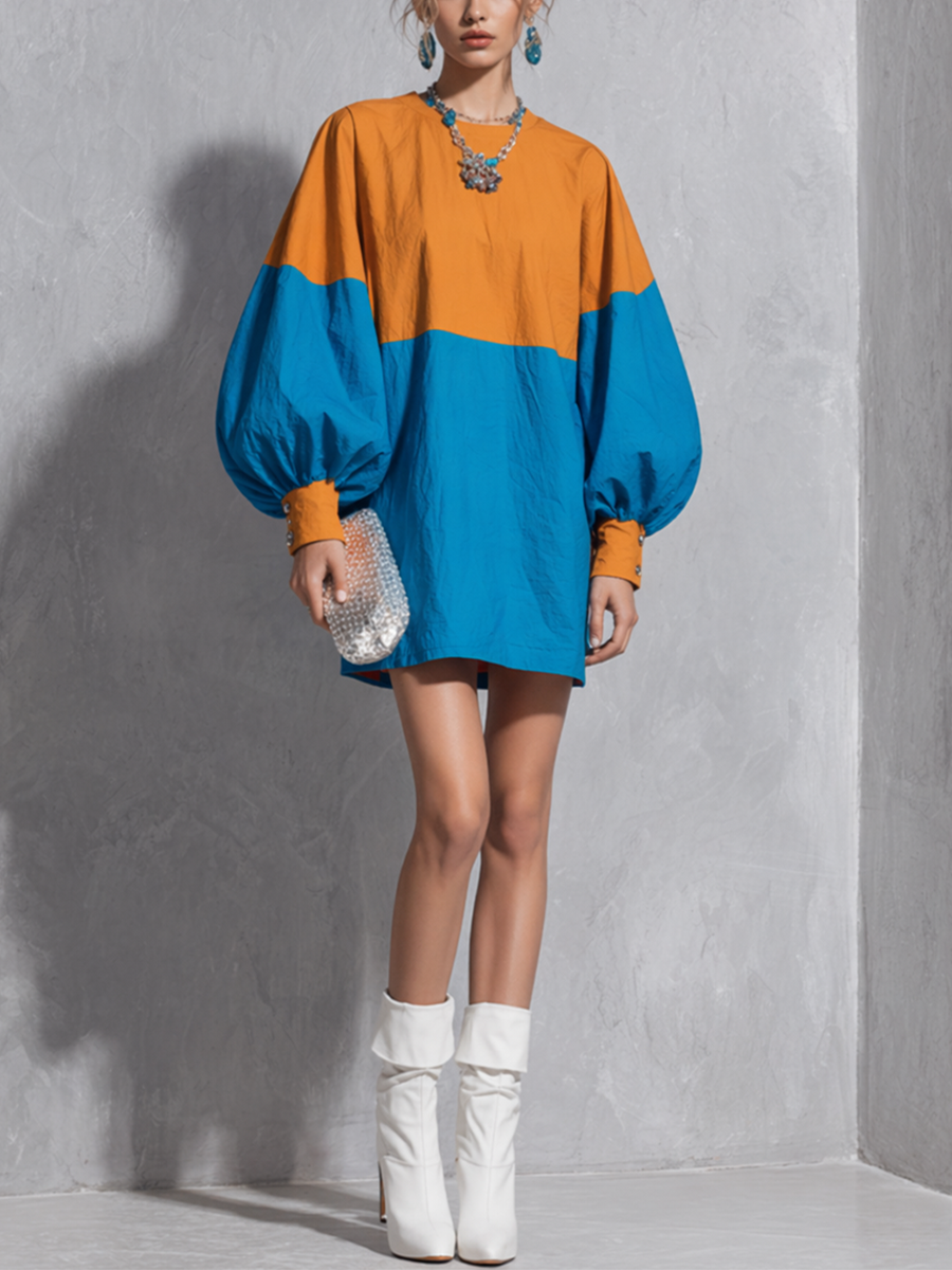 Women's Casual Orange And Blue Color-blocked Lantern Sleeve Loose Mini Dress MDZ1319D8GMJ