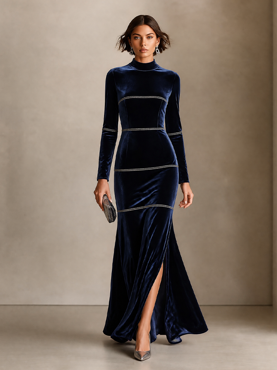 Women's Elegant Velvet Mock Neck Long Sleeve Maxi Evening Dress