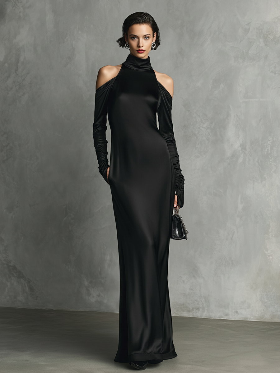 Women's Black Satin Elegant Off-Shoulder High Neck Maxi Dress MDA3198J4I