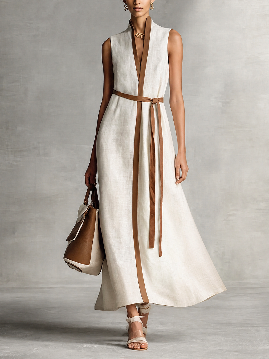 Women's Sleeveless V-Neck Tie-Waist Cotton Linen Maxi Dress MDZ1153B7BA