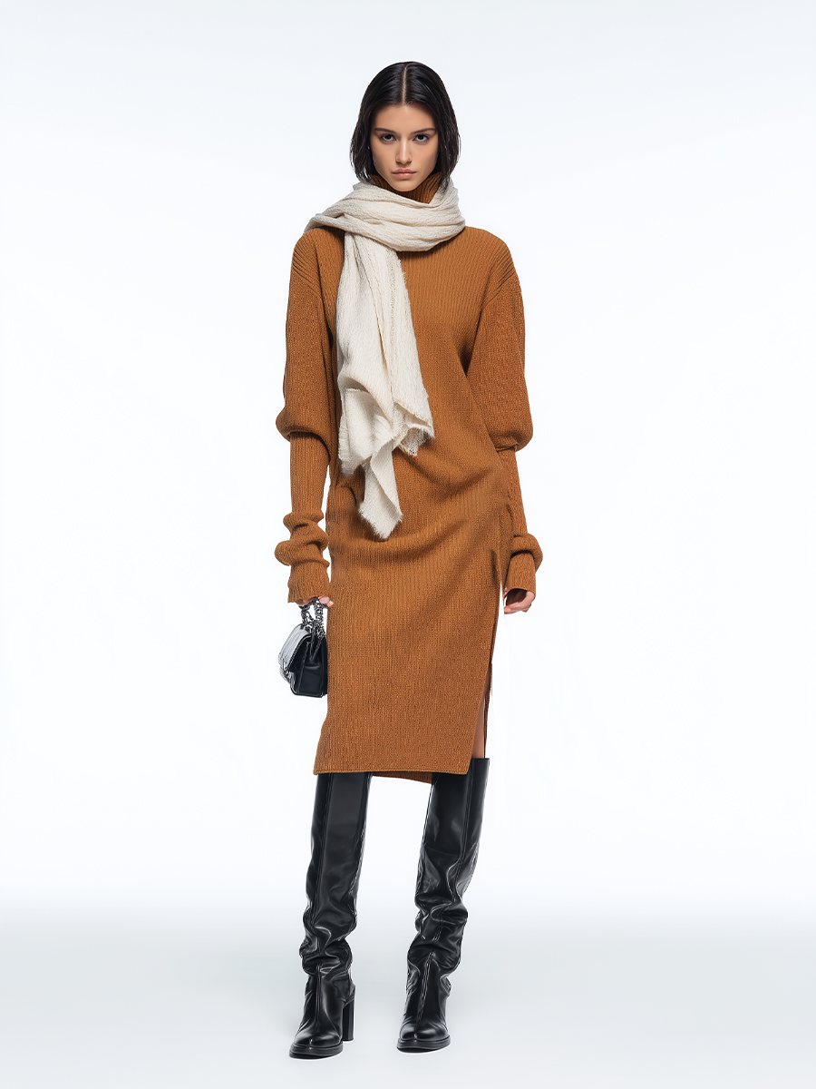 Women's Camel-colored Knit Minimalist Style Side-tie Slit Midi Dress (including Scarf) MDA3184J1I