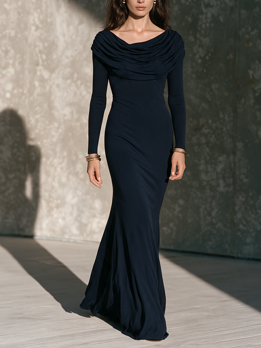 Women's Long-Sleeve Knit Maxi Dress With Ruched High Neck