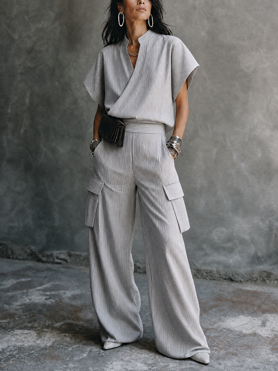 Women's Casual Vacation Gray White Cotton Blend Striped Wrap Top Cargo Pocket Wide-Leg Pants Set MDZ1618G6GMJ