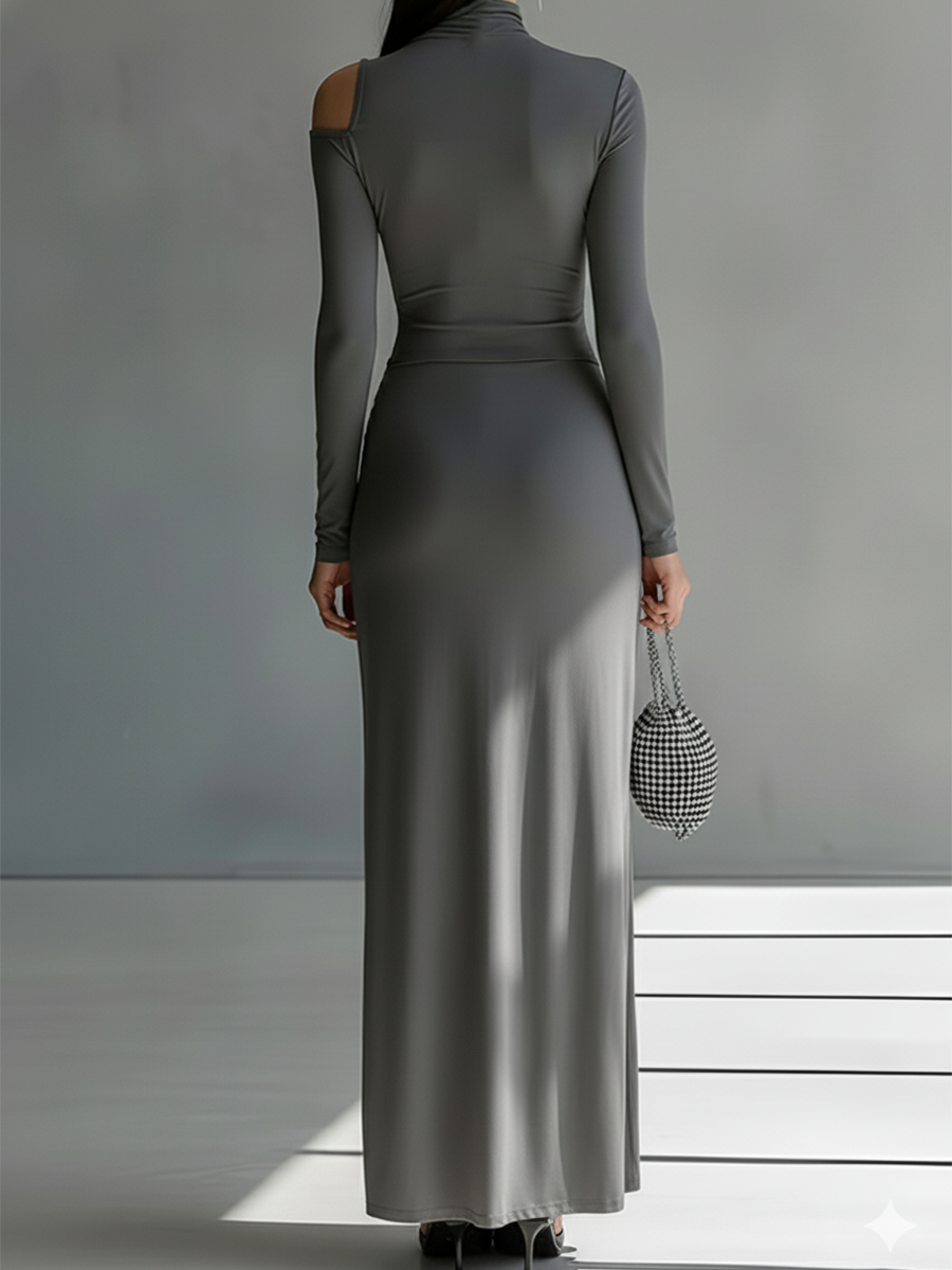 Women's Grey Silky Stretch Sophisticated Ruched Detail Cut-Out Maxi Dress MDA0546K6I