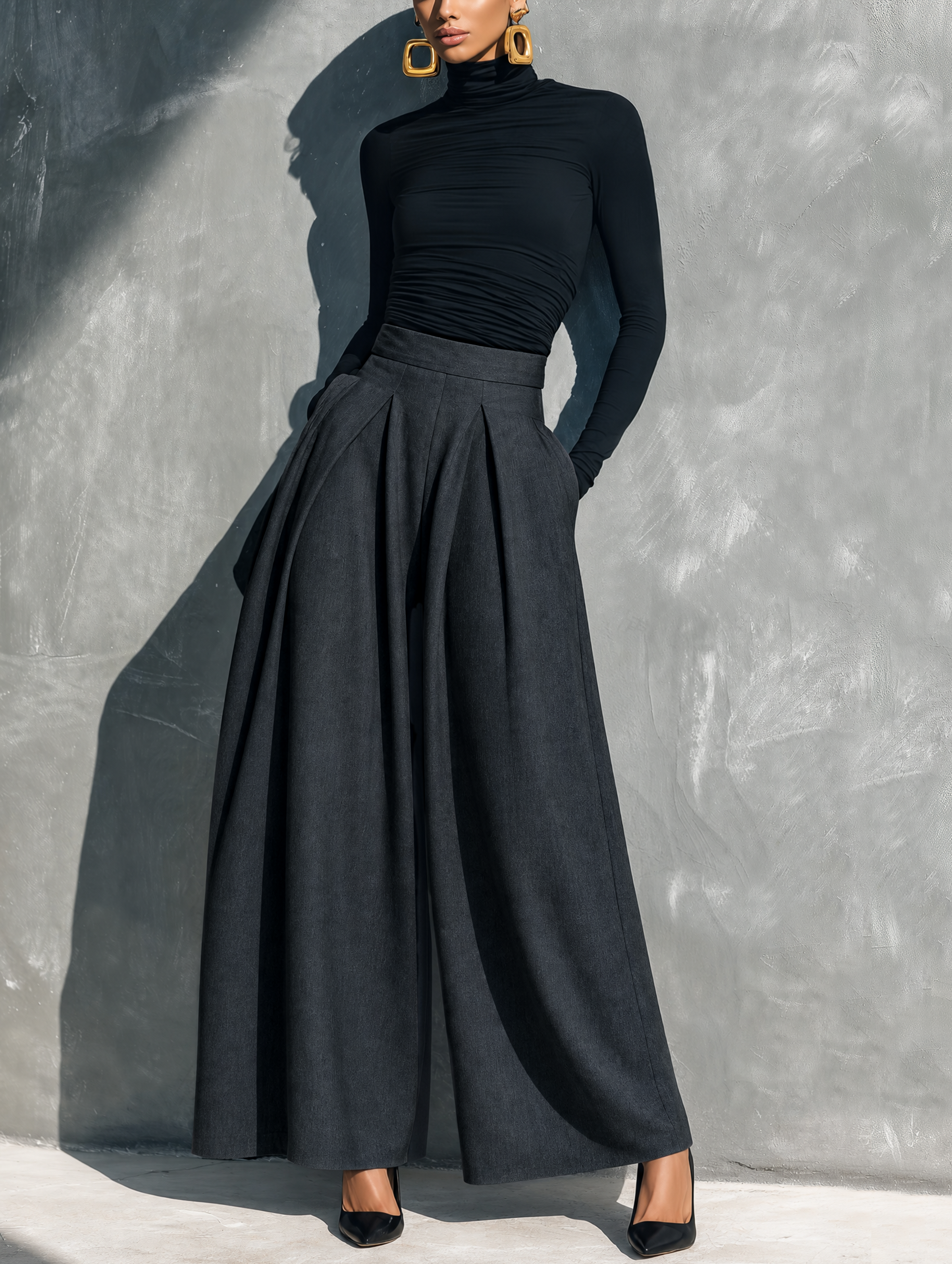 Women's Casual 2-Piece Set Black Stretch-knit Long-sleeve Top And Dark Gray Woven Wide-leg Trousers MDZ2470G8LXY