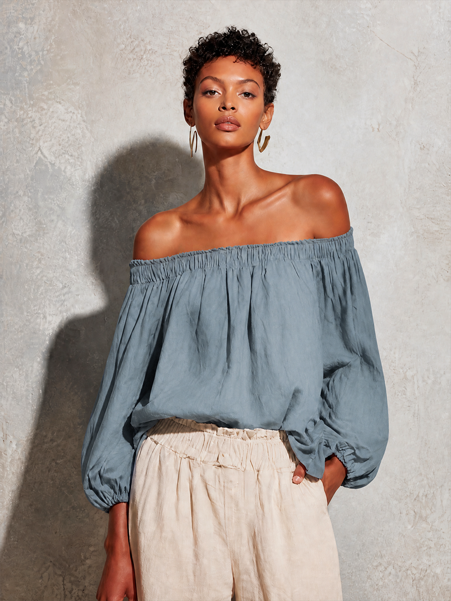 Women's Casual Style Purple Cotton And Linen Off-shoulder Long Lantern Sleeve Top MDZ0697E3GMJ