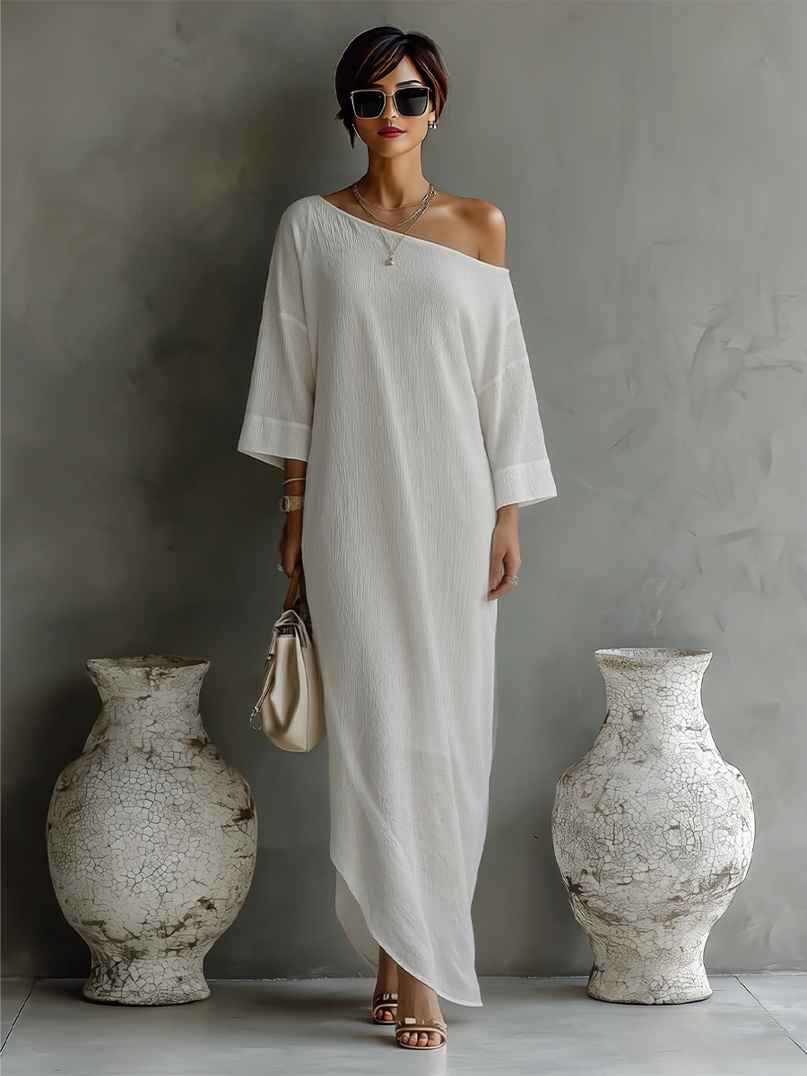Women's Ivory White Cotton-Linen Blend One-Shoulder Flowing Elegant Dr –  Modesees