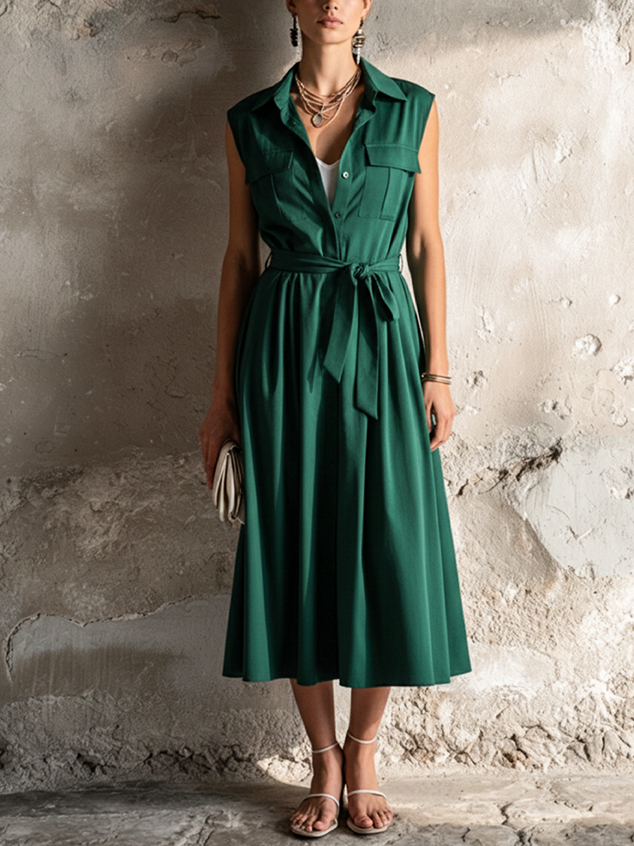 Women's Retro Office Style Dark Green Cotton Blend Lapel Sleeveless Waist Tie Fake Two-Piece Midi Dress MDZ3089F1GMJ