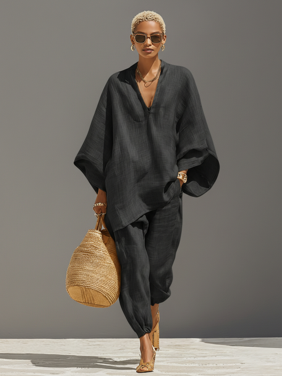 Women's Neutral Linen Set With Asymmetric Hem & Minimalist Design, Sophisticated Daily-Casual Style Set MDZ0501B3I