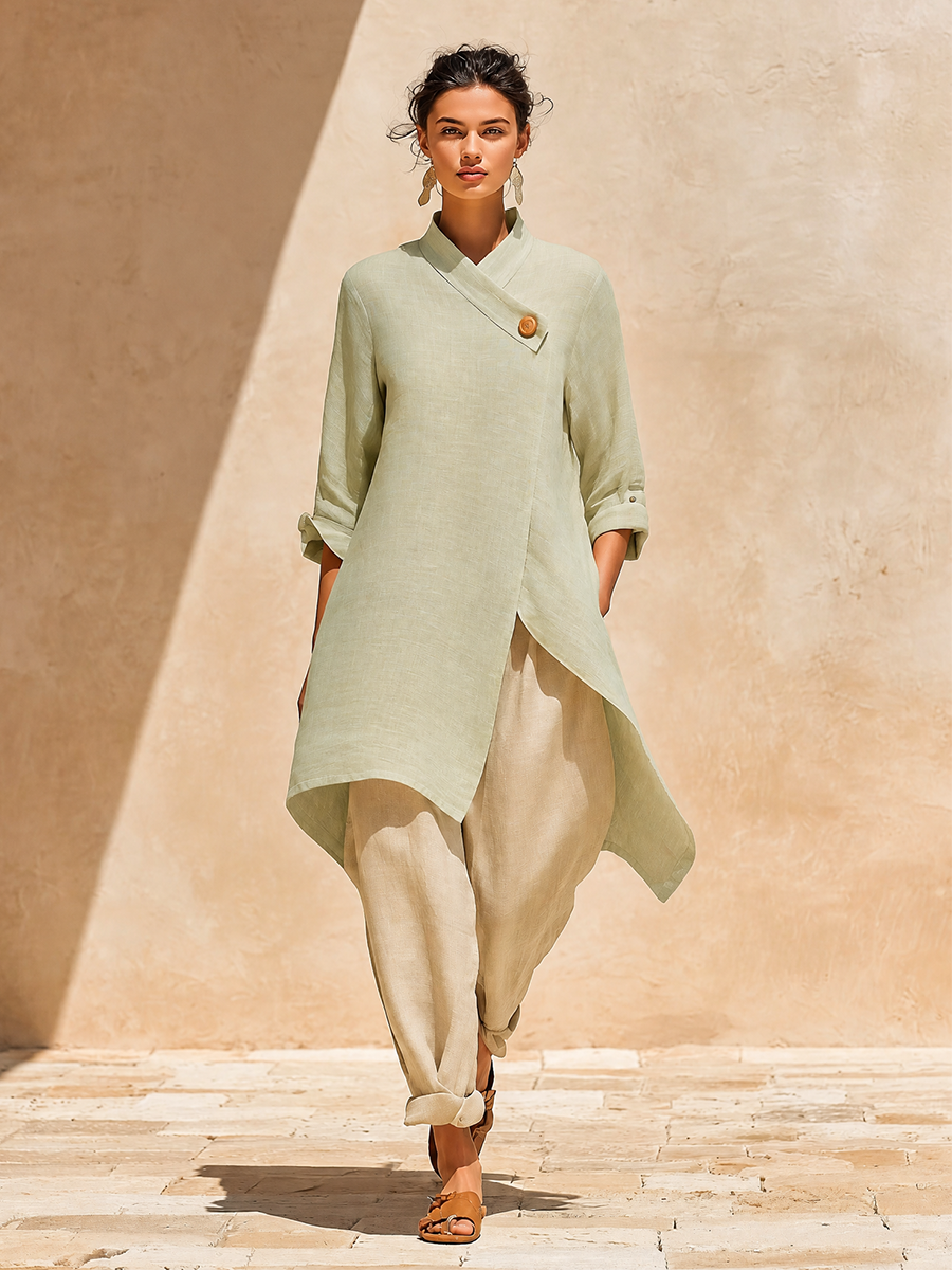 Women's Asymmetric Collar Linen Roll‑Up Sleeve Long Coat MDZ1434H8LYL