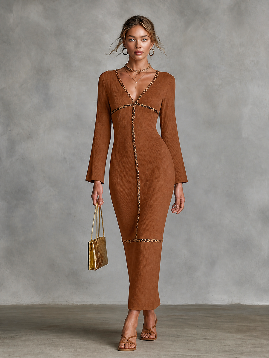 Women's Leopard Trim Ribbed Knit Bodycon Maxi Dress