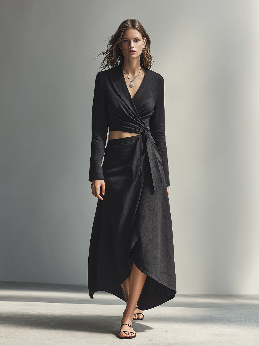 Women's Black Linen Blend Relaxed-Fit Set With Blazer Collar & Asymmetric Hem, Timeless Sophisticated Style Set MDA1588L7I