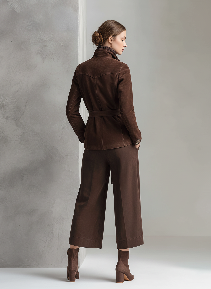 Women's Dark Brown Faux Suede Motorcycle Style Belted Waist Jacket MDA3113J1T