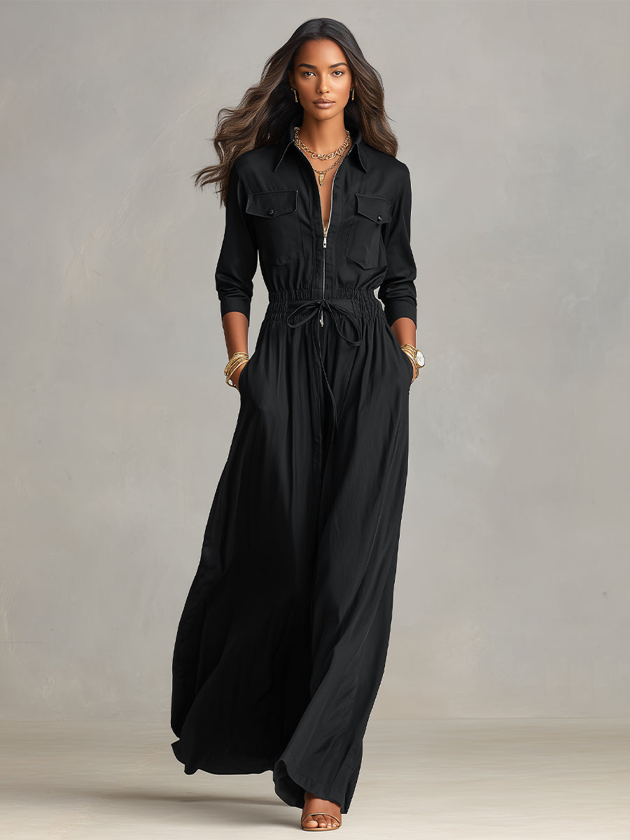 Women's Black Woven Maxi Dress With Cargo Pockets & Drawstring Waist, Timeless Casual-Chic Style Dress MDA3057L2I