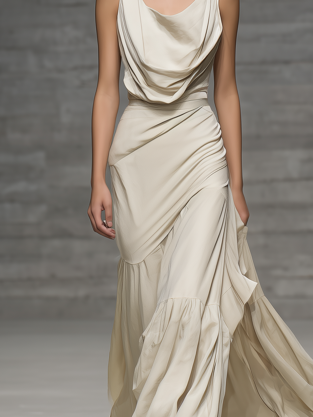 Women's Elegant Beige Woven Sleeveless Round-neck Maxi Dress MDZ1409A1AN