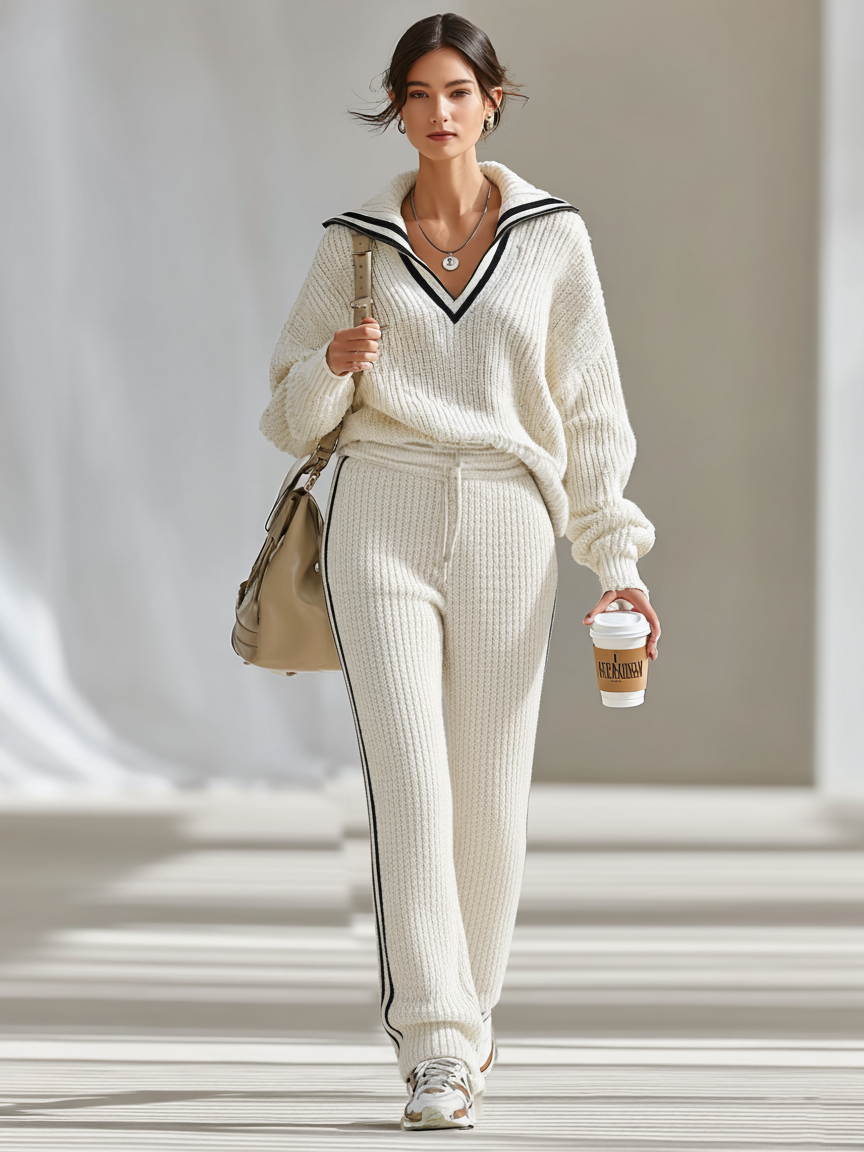 Women's Knitted Black Trim Sailor Collar Sweater And Pants Set MDA1450J6Y