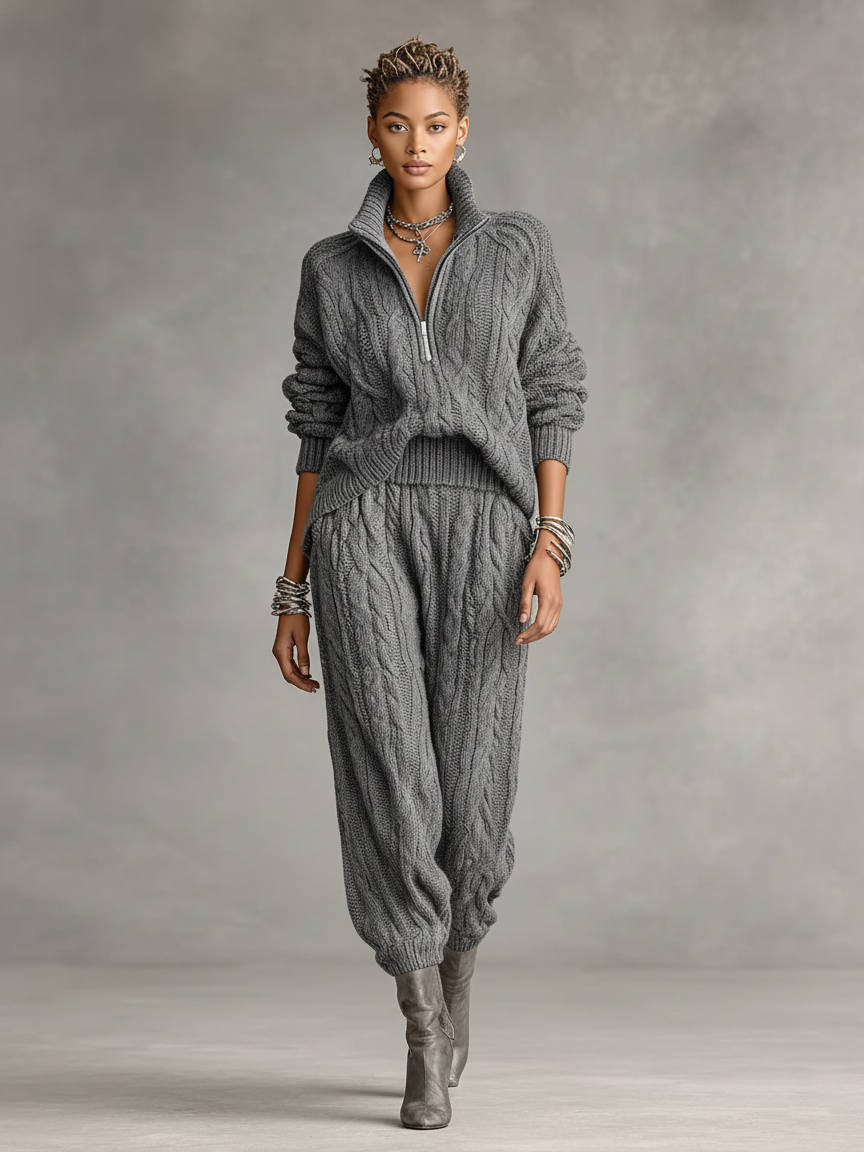 Women's Cable Knit Zipper Collar Sweater And Lantern Pants Set MDA2071J8Y