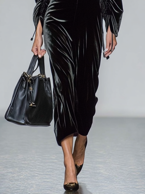 Women's Minimalist Velvet V-neck Drawstring Long Sleeve Midi Dress MDA2521I2Y