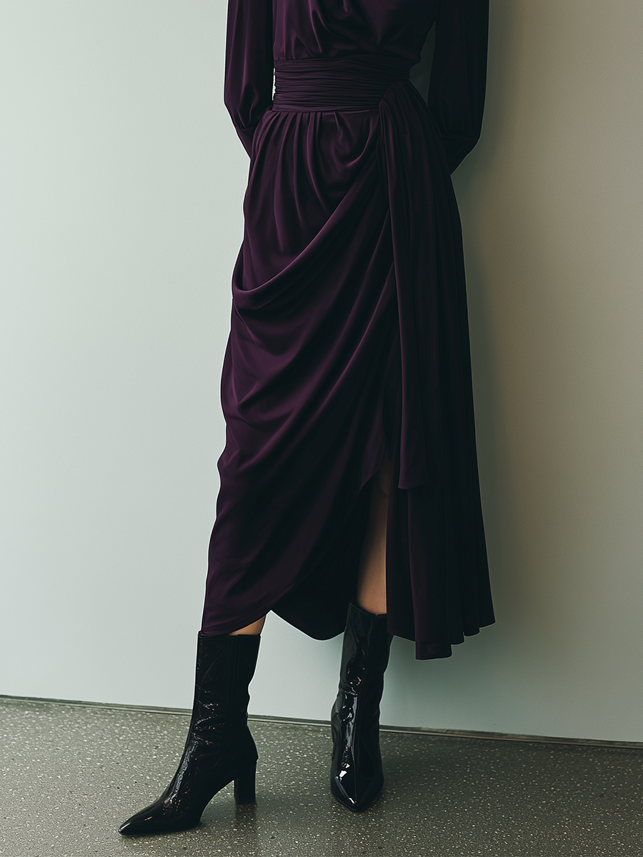 Women's Dark Purple High-Elastic Knit Pleated Slit Waist-cinching Midi Dress MDA3125J2T