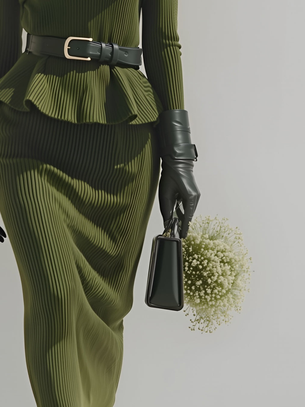 Women's Green Elegant Fashion High-Neck Slim Fit Ruffled Bodycon Long Skirt Set MDA0754K6AN