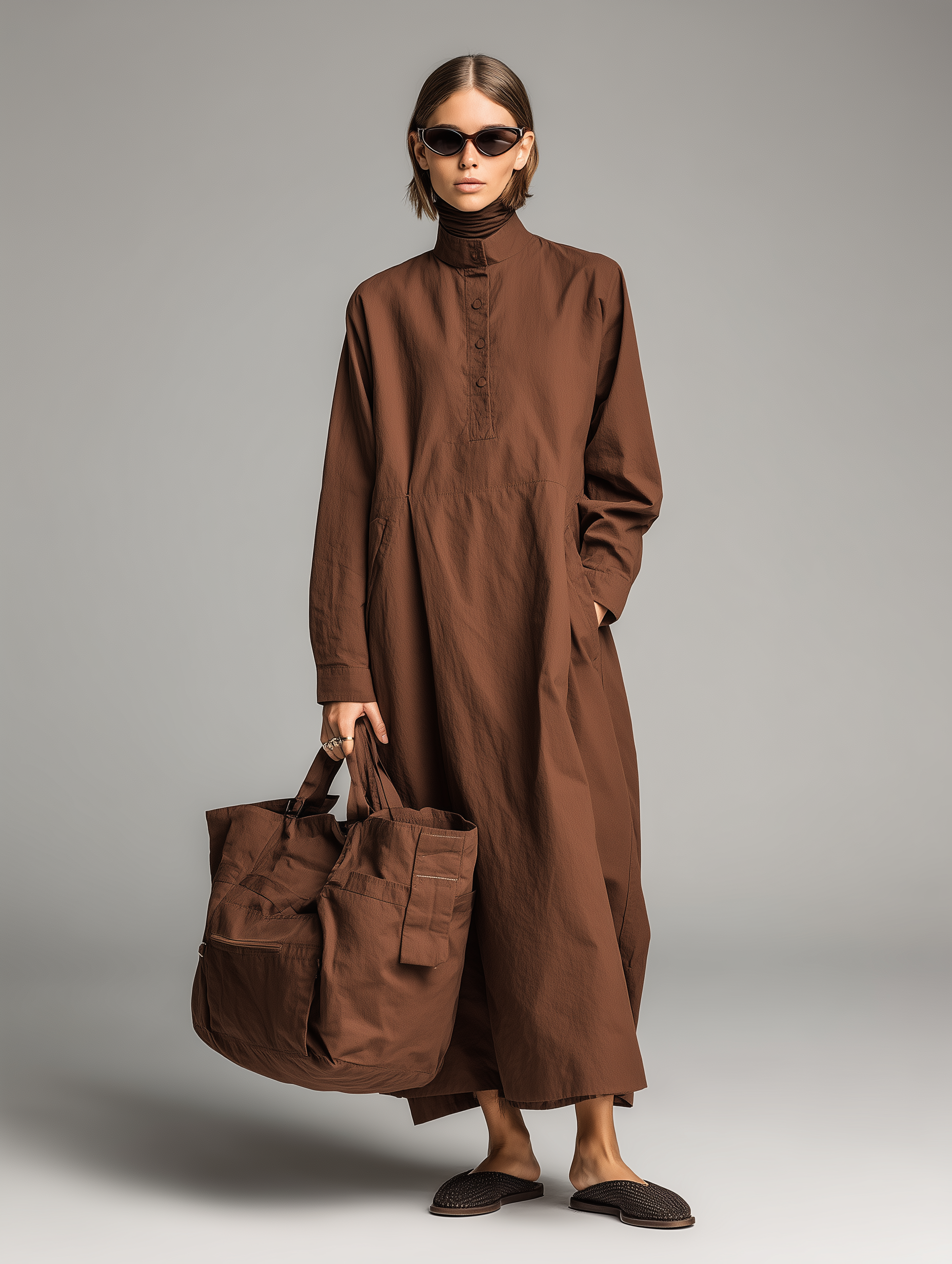 Women's Elegant Brown Long-sleeved Regular Round Neck Loose-fitting Maxi Dress MDA1507L7AN