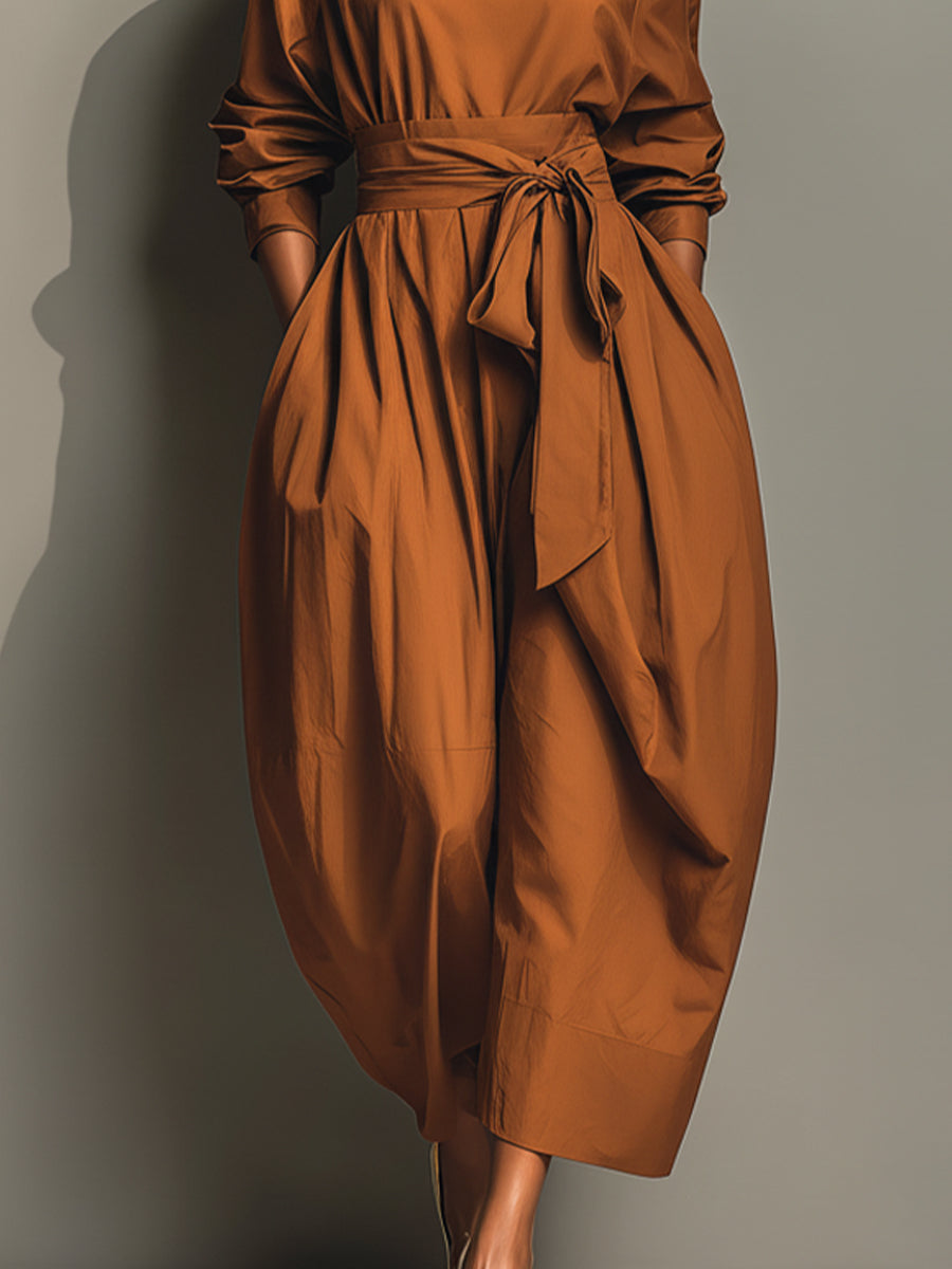 Women's Brown Cotton Avant-garde Waist-cinching Midi Dress MDA0549K6I