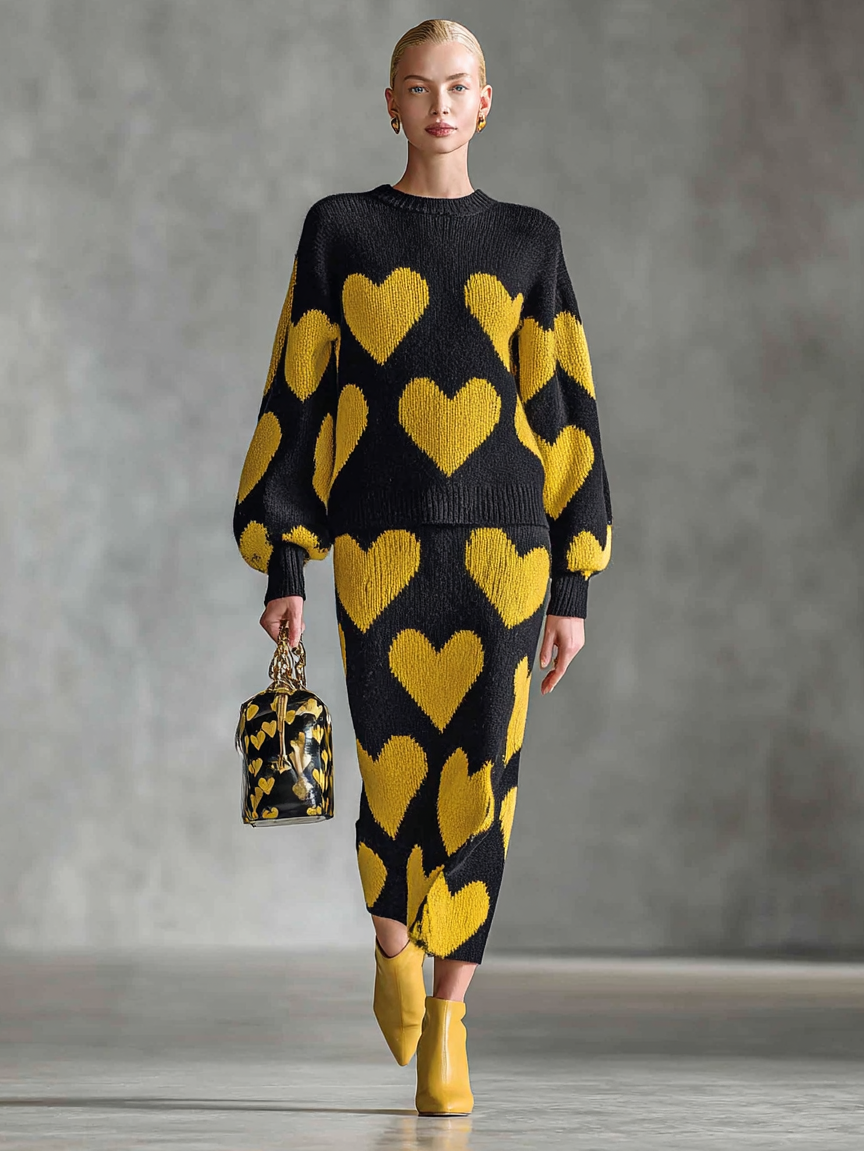 Women's Knitted Heart Jacquard Round Neck Sweater Skirt Set MDA1599J8Y