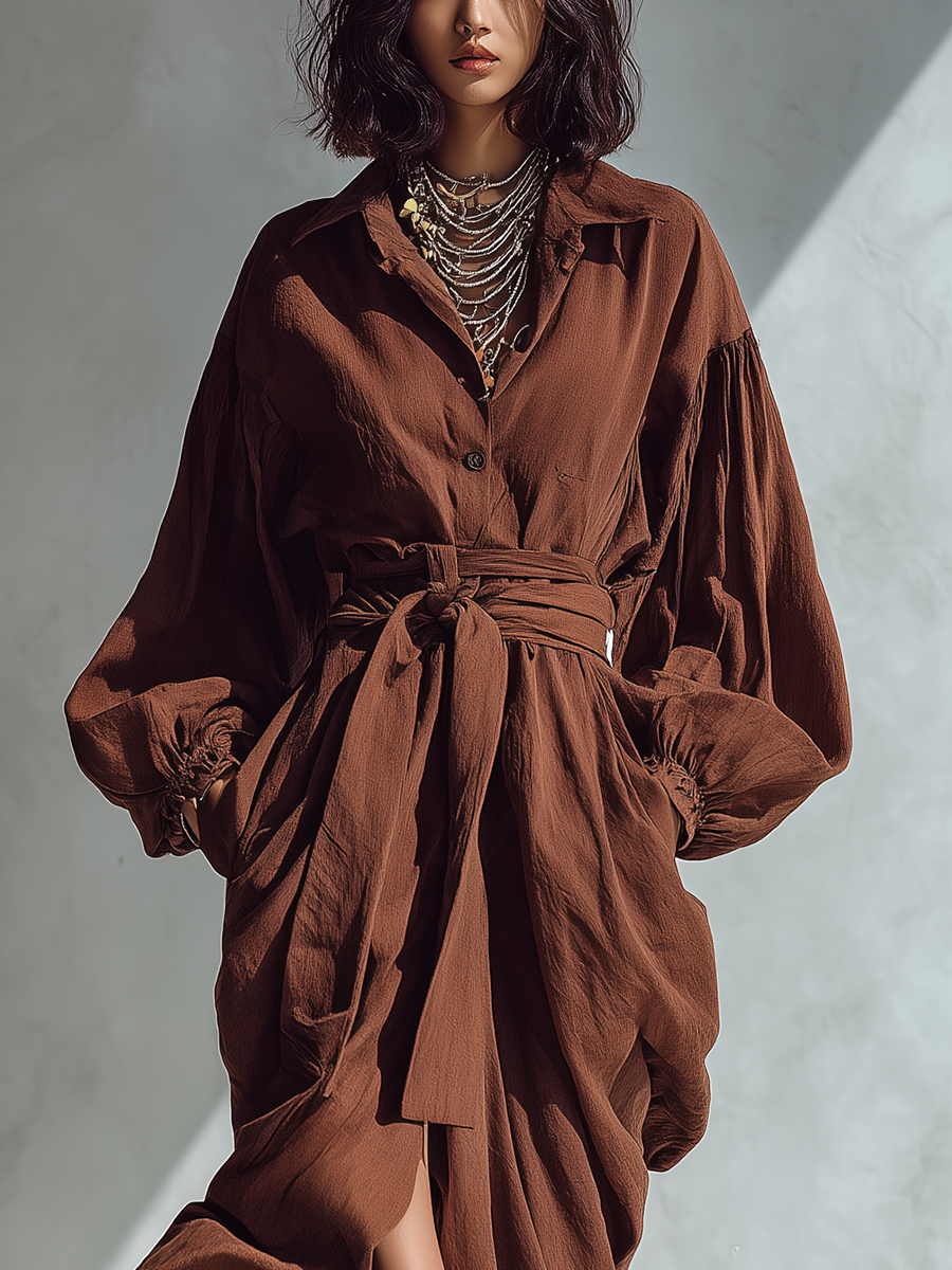 Women's Coffee Brown Cotton Linen Tie-waist Loose Maxi Shirt Dress MDA0598K1T
