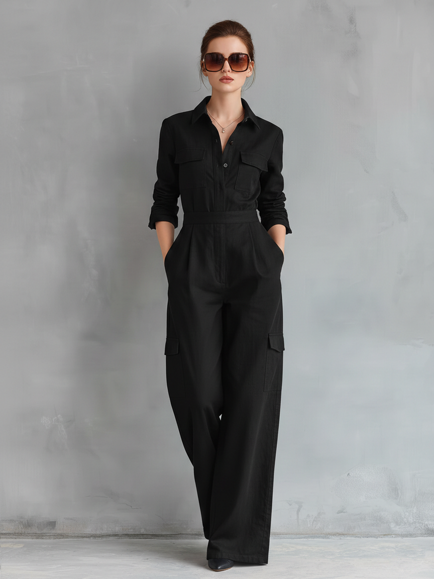 Women's Elegant Black Cotton-linen Blend Long-sleeved Shirt Collar Jumpsuit MDZ1016B0AN